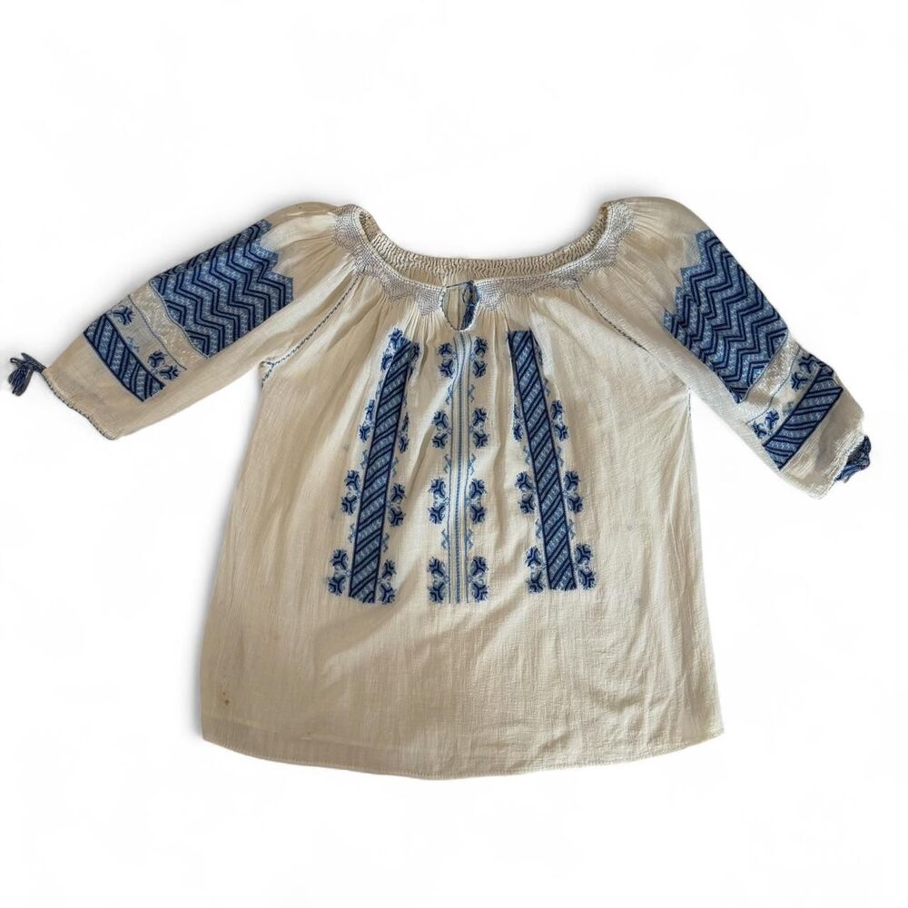 Vintage Romanian Peasant Blouse White & Blue Embroidered Cotton Folk Gauze Top